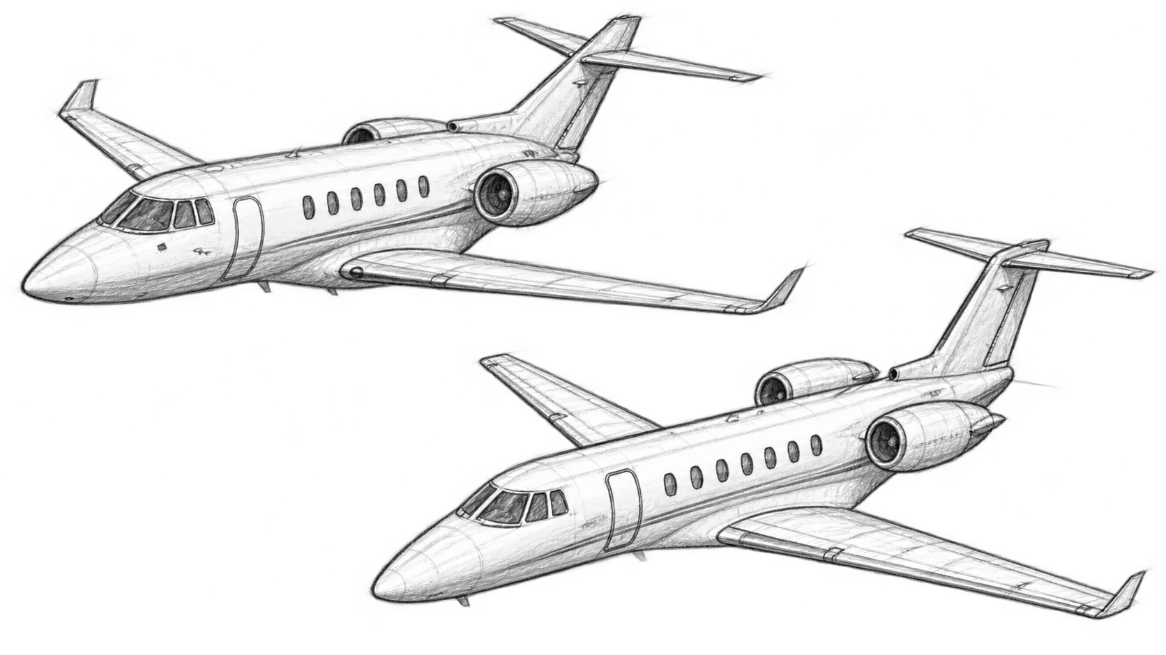 Pencil sketches of two midsize business jets inspired by Hawker and Cessna Citation aircraft